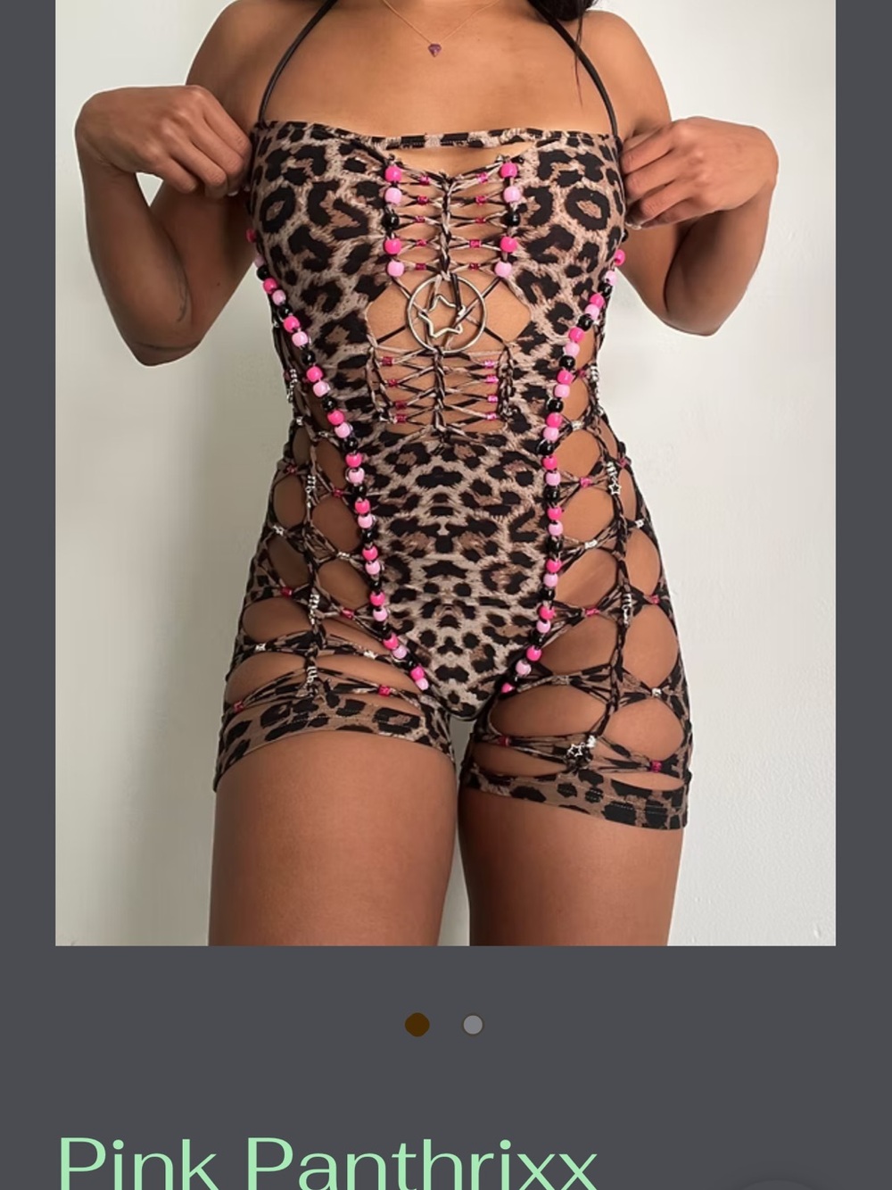 Leopard Print Lace-Up Beaded Romper - Pink